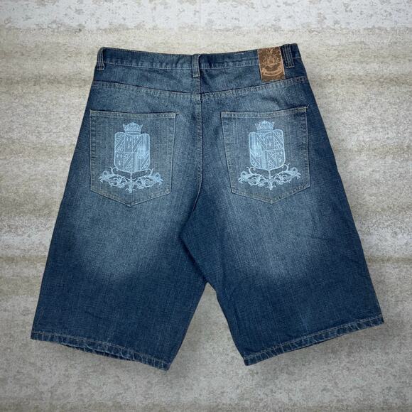Vintage Skater Jean Shorts Brooklyn Xpress Dark Wash Baggy Jorts 15" Inseam Y2K